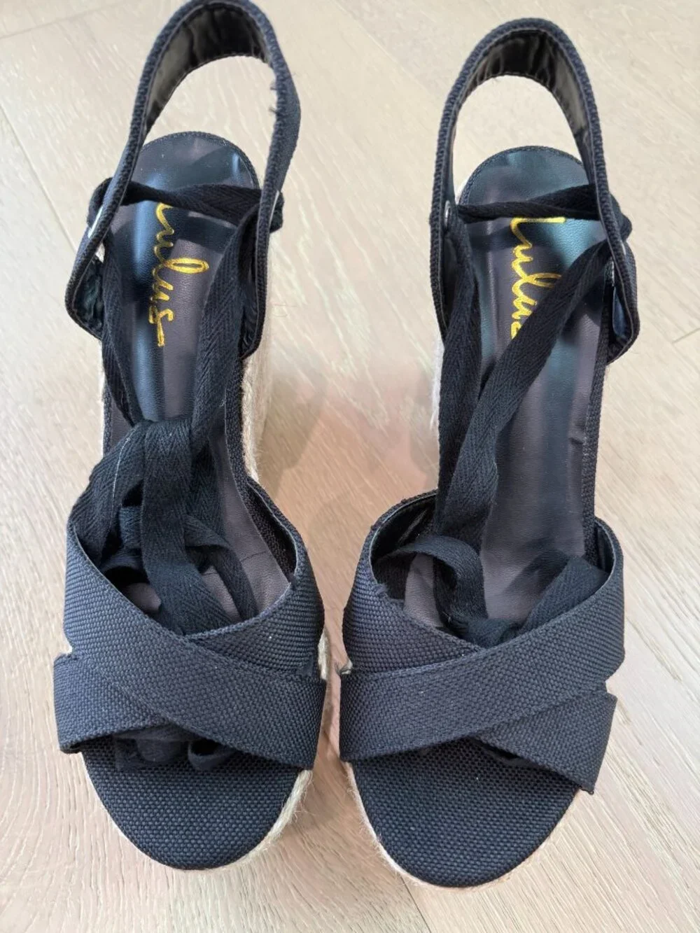 Lulus Esme Black Lace-Up Espadrille Wedges. size 9